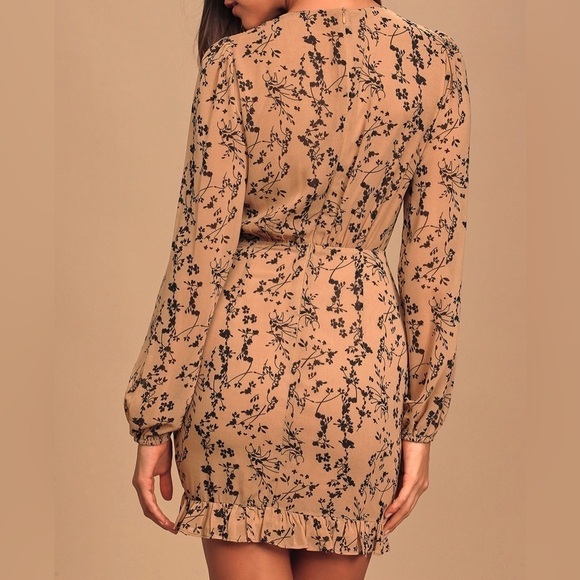 Lulus One True Love Taupe Floral Print Ruched Long Sleeve Mini Dress Small - Picture 6 of 16